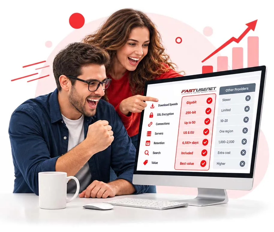 Equipo señalando un monitor con una comparativa de proveedores de Usenet